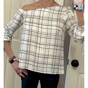 The Limited Dappled Plaid Asymmetrical Top NWT — Cream/Black 3/4 Sleeve Size M